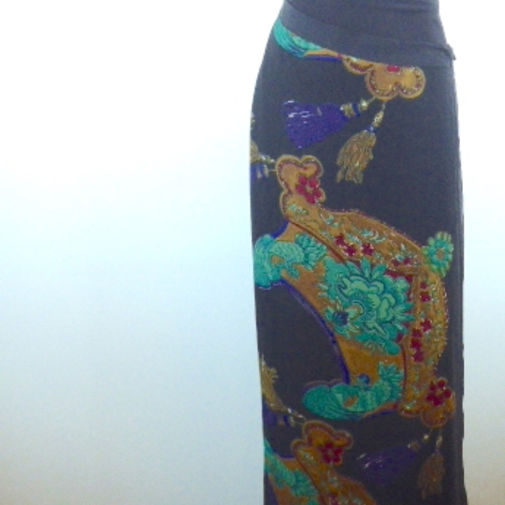 HARARI black gold blue asian print silk faux wrap midi skirt L